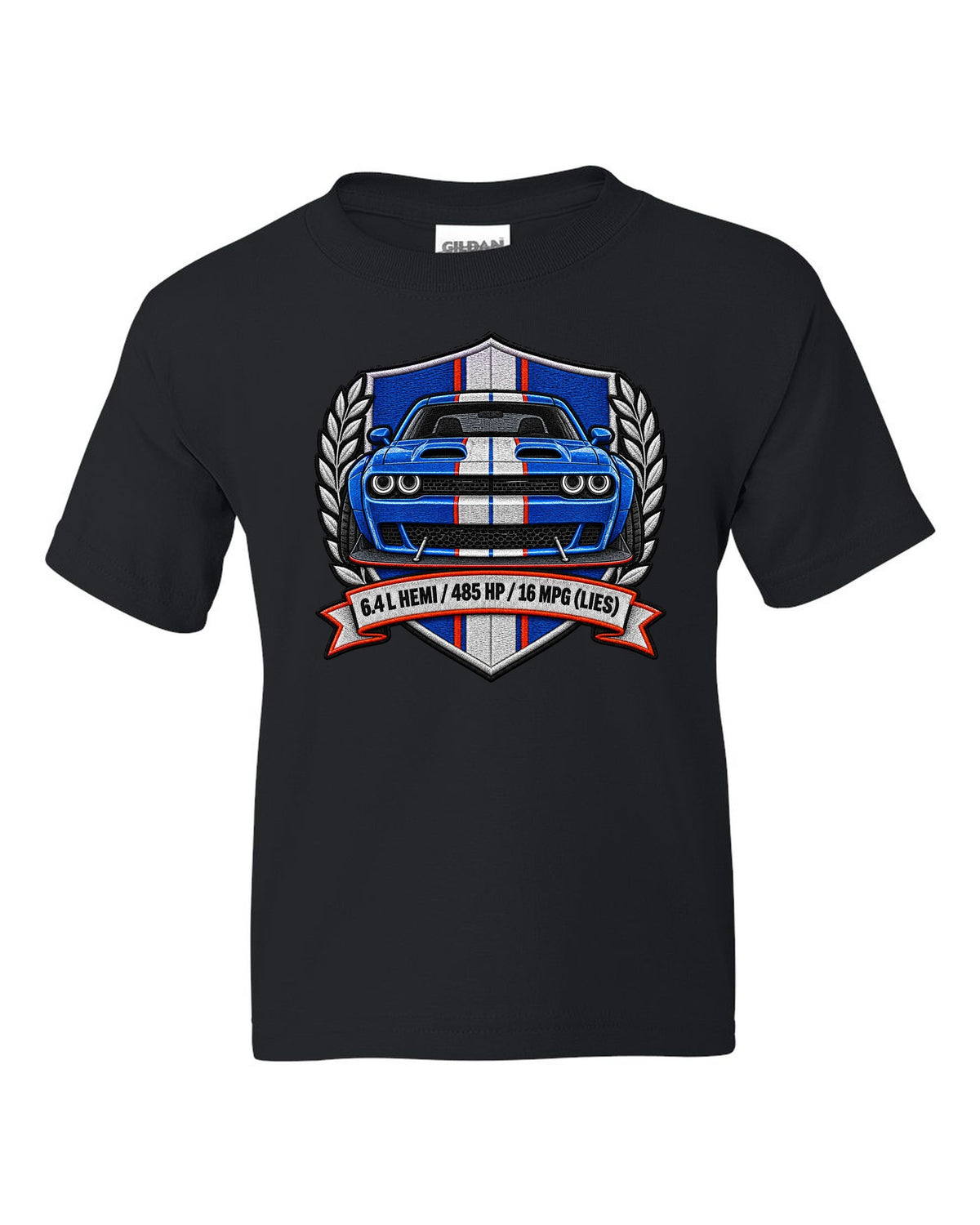 Embroidered shield patch design for a 2015 Dodge Challenger Scat Pack 392 Widebody with 6.4 L HEMI specs black kids tee front view with the design