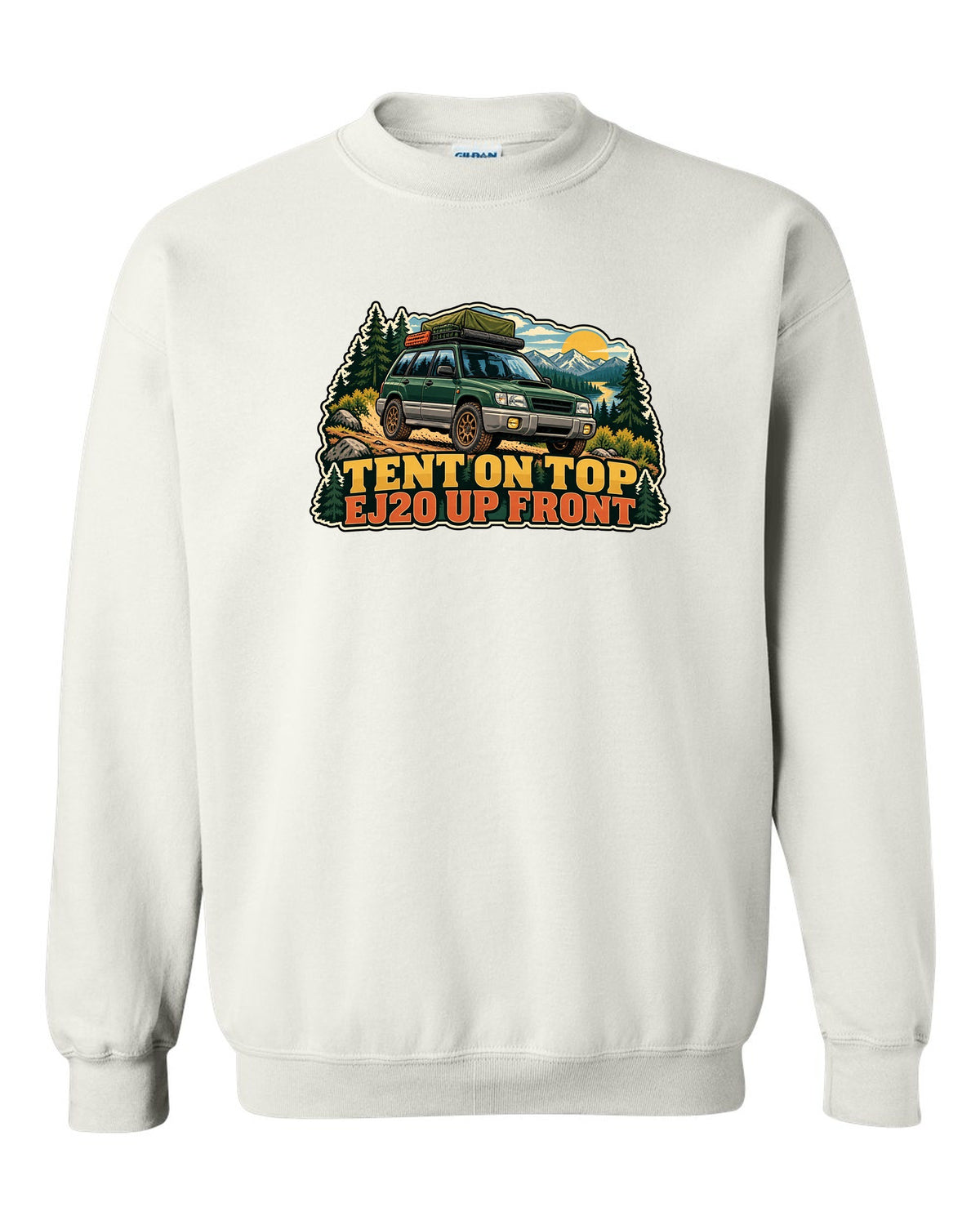 Vintage national park poster illustration of a Subaru Forester SF5 with a roof tent white crewneck front view with the design