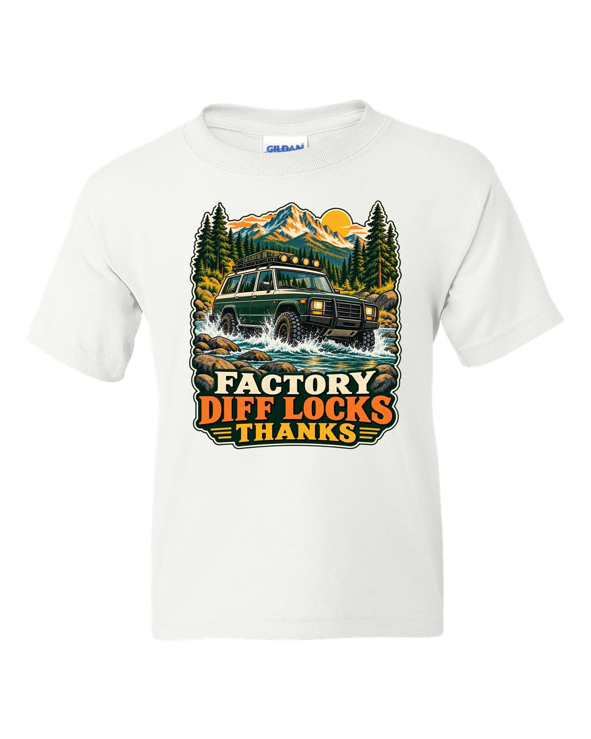 Retro national park poster of a Toyota Land Cruiser FZJ80 crossing a river with diff locks lettering white kids tee front view with the design