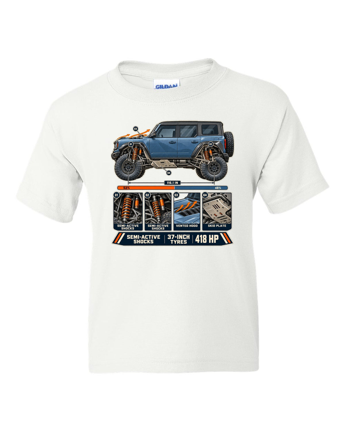 Ford Bronco Raptor suspension cutaway with callouts print white kids tee front view with the design