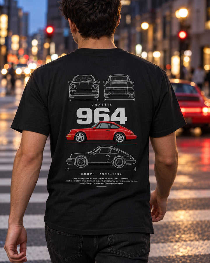 Porsche 911 (964) Blueprint Full-Back Graphic Tee, 964 Chassis Code T-Shirt Black worn hero