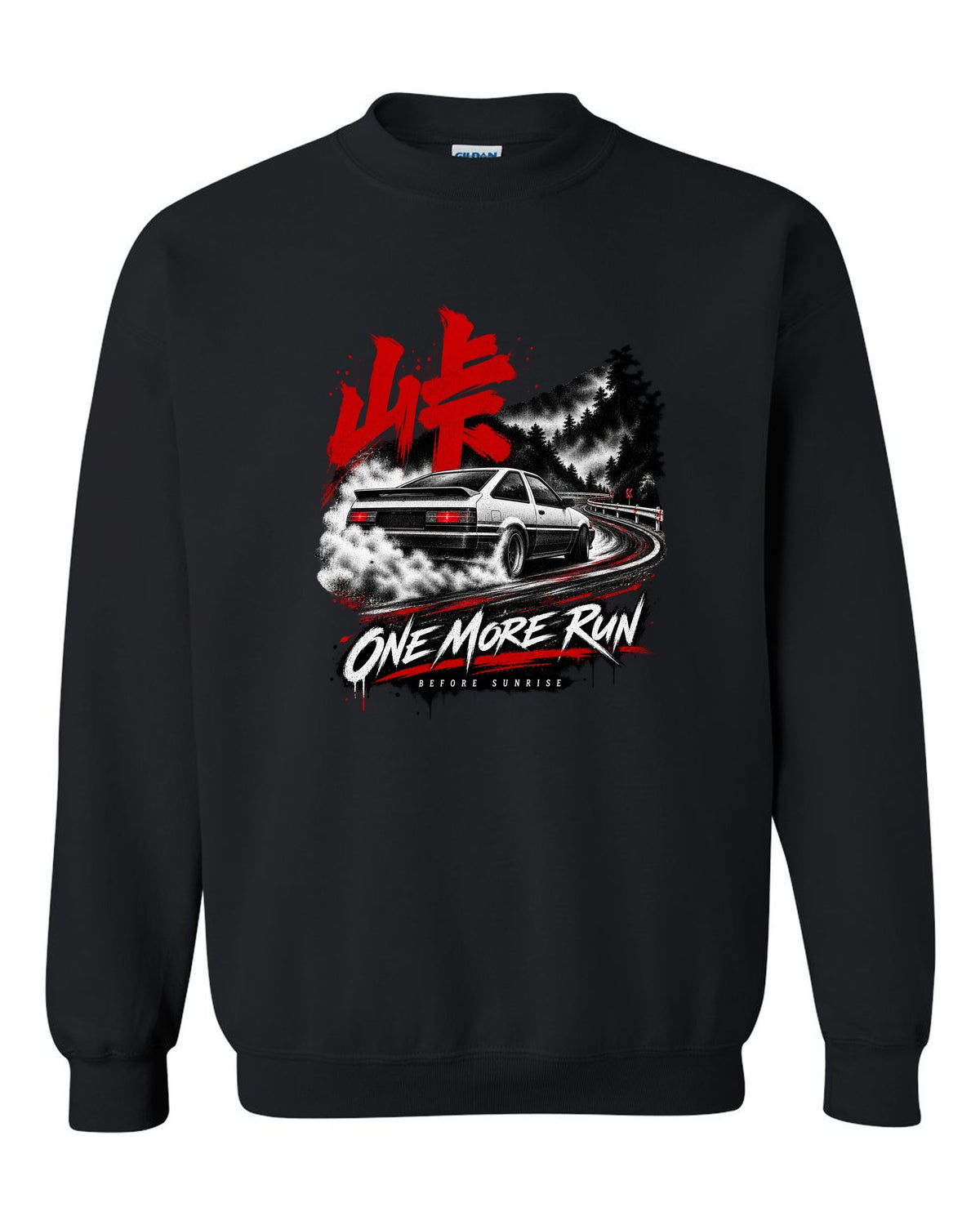 print of a Toyota AE86 Corolla Levin on a night touge road with kanji black crewneck front view with the design