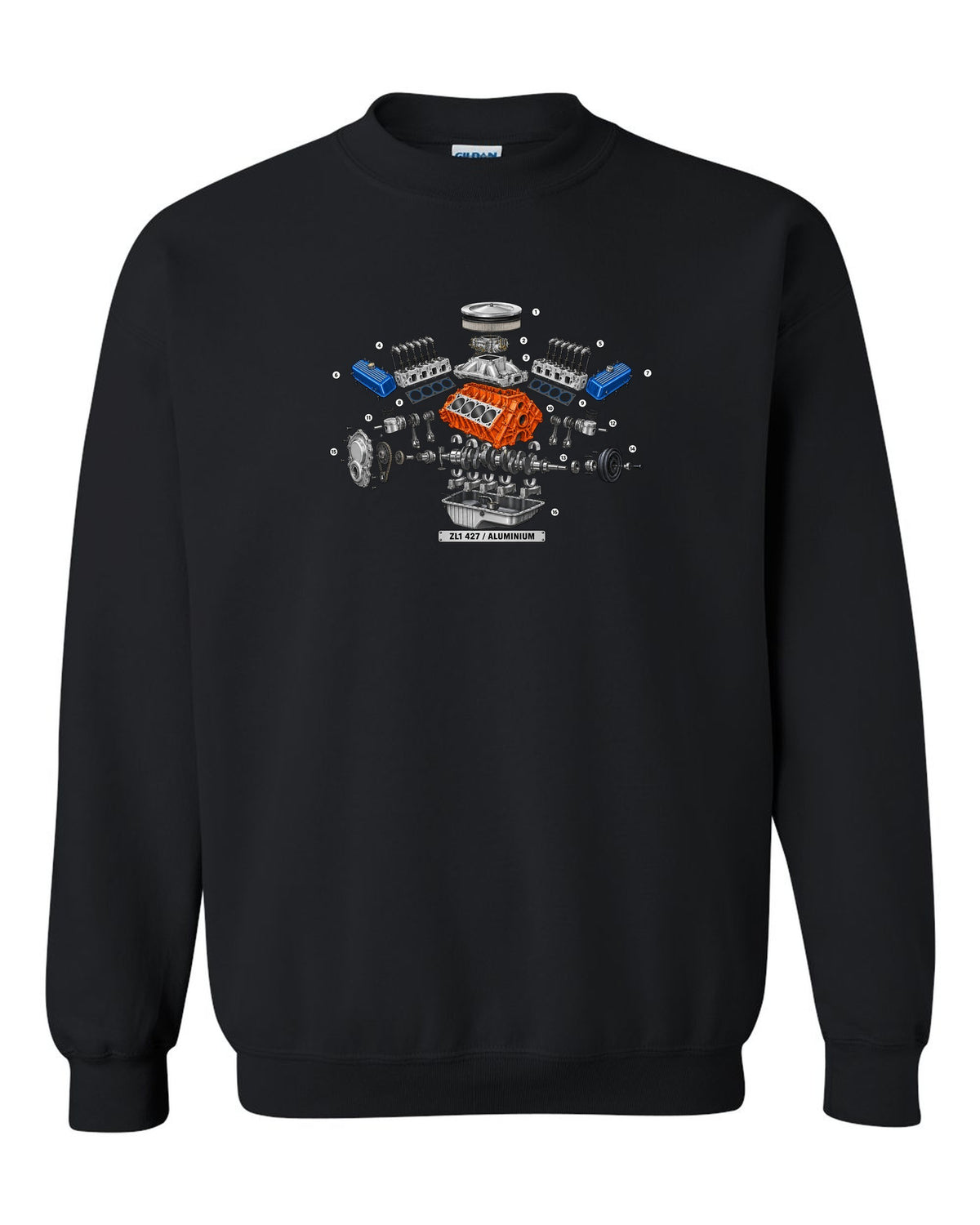 Isometric exploded diagram with numbered callouts of the 1969 Chevrolet Camaro ZL1 427 aluminum engine black crewneck front view with the design