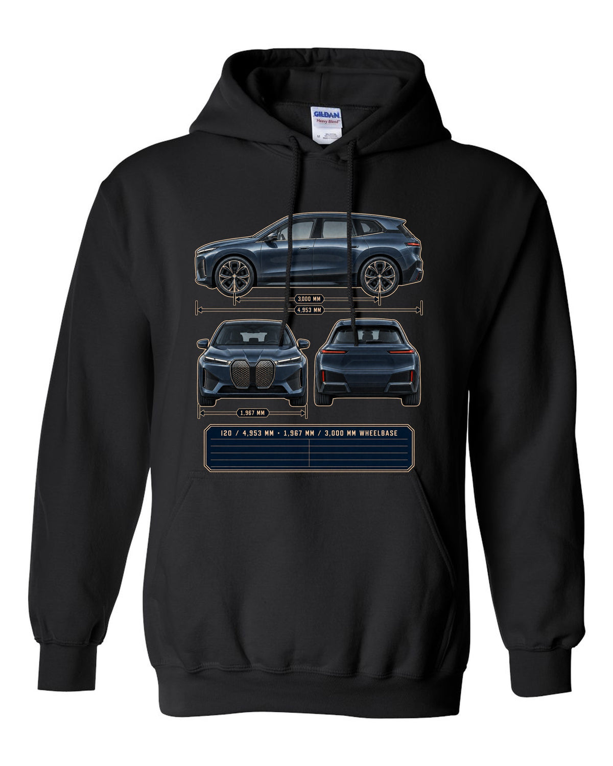 Three-view drawing and spec table print of the BMW iX M60 I20 black pull over hoodie front view with the design