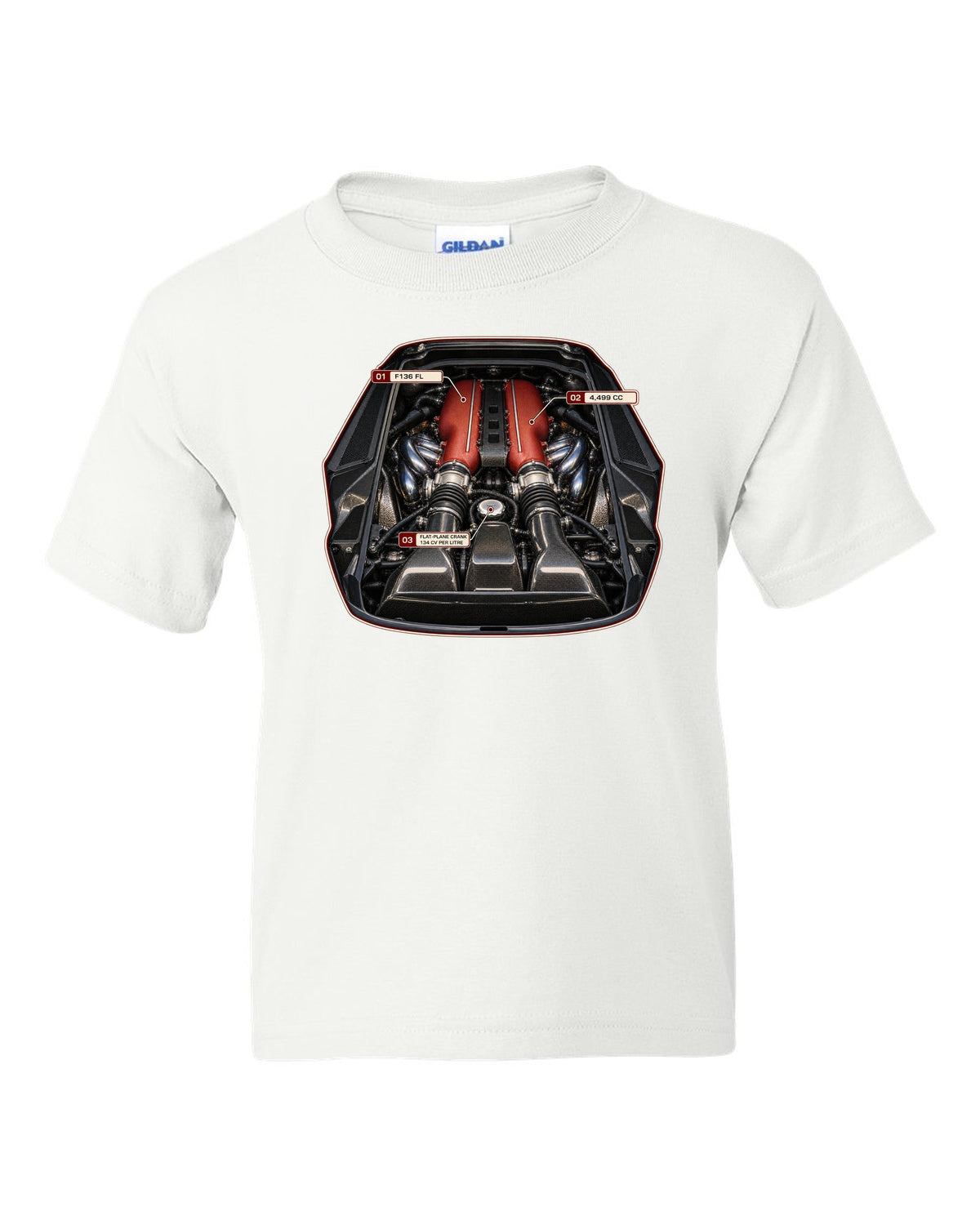 Engine bay print of the Ferrari 458 Speciale F136 FL V8 white kids tee front view with the design