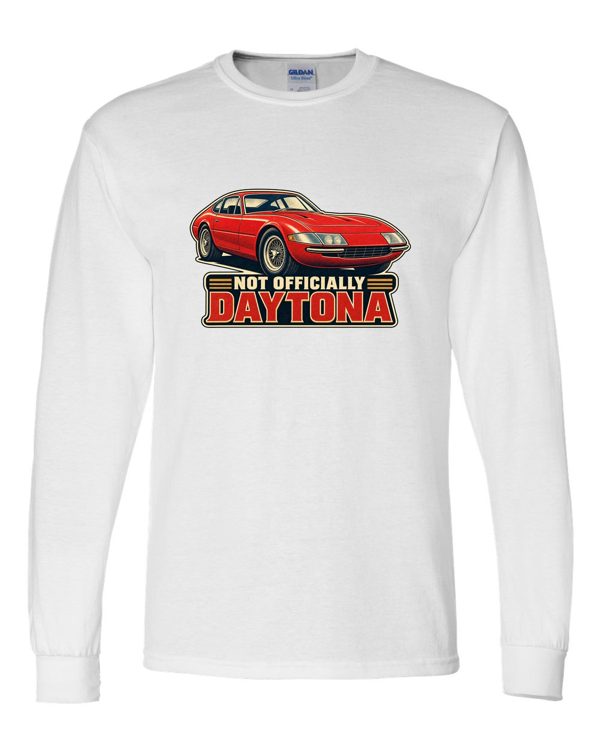 1960s race poster lithograph of the Ferrari 365 GTB/4 Daytona nose white long sleeve front view with the design
