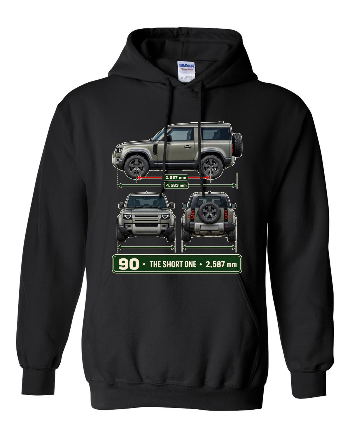 Three-view drawing with spec table print of the Land Rover Defender 90 L663 black pull over hoodie front view with the design