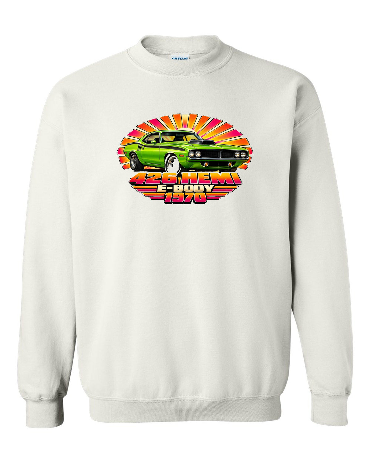 1970 Plymouth Hemi Cuda E-body 70s airbrush sunburst print with 426 Hemi text white crewneck front view with the design
