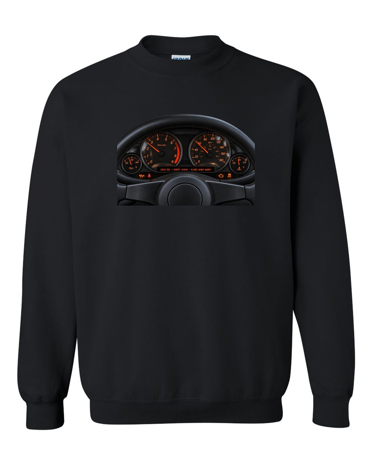 BMW E46 M3 coupe cockpit gauge print with cold oil short leash and 8,000 when warm text black crewneck front view with the design
