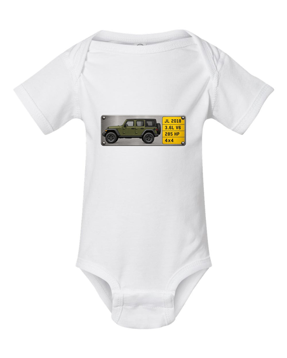 Jeep Wrangler JL Unlimited 3.6L V6 285 HP Spec Plate Tee white baby onesie front view with the design