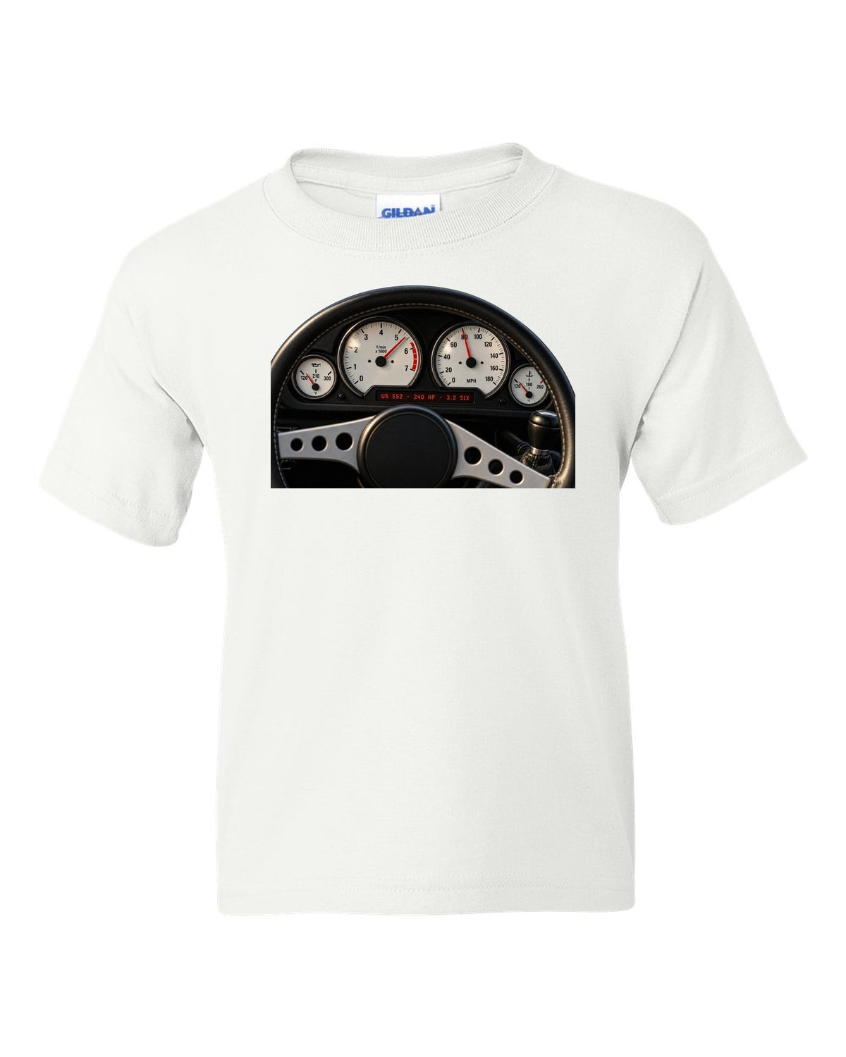 BMW E36 M3 coupe US S52 cockpit gauge print with 240 HP and 3.2 six text white kids tee front view with the design