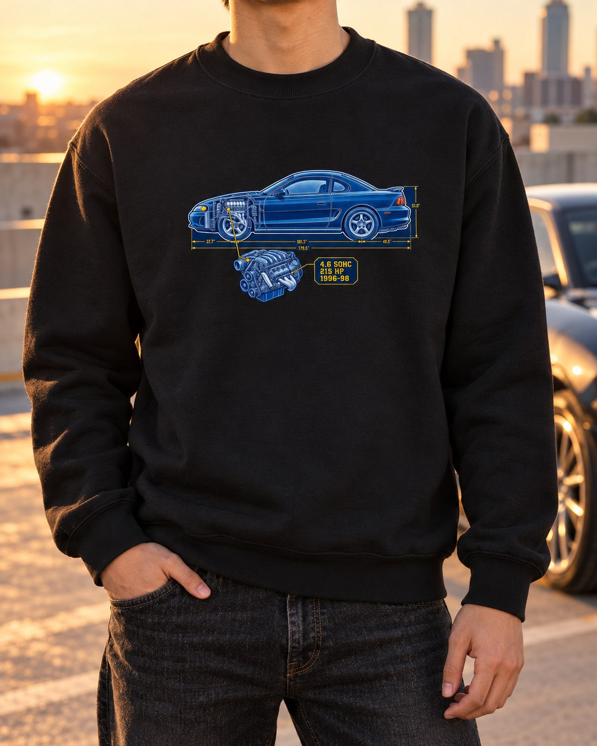 Ford Mustang SN95 Coupe Cyanotype Draft Shirt, 1996-98 4.6 Crewneck Black worn hero