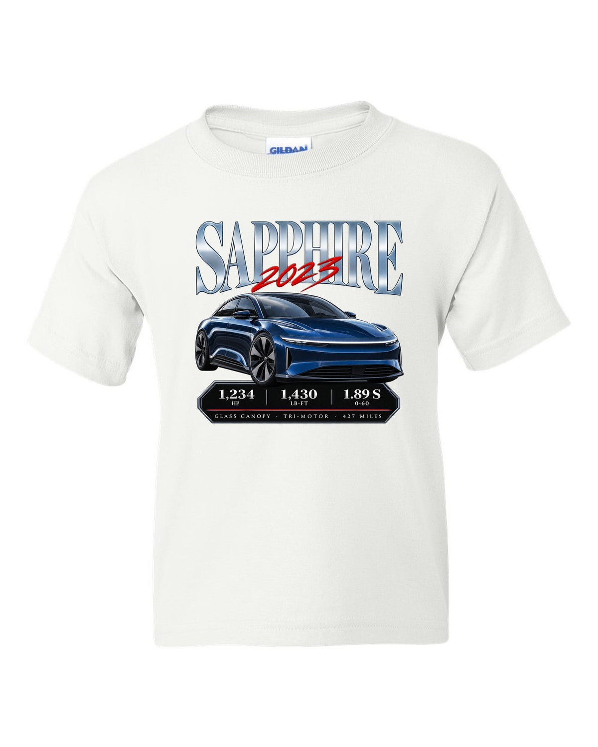 Archive panel print of a 2023 Lucid Air Sapphire with horsepower and range figures white kids tee front view with the design