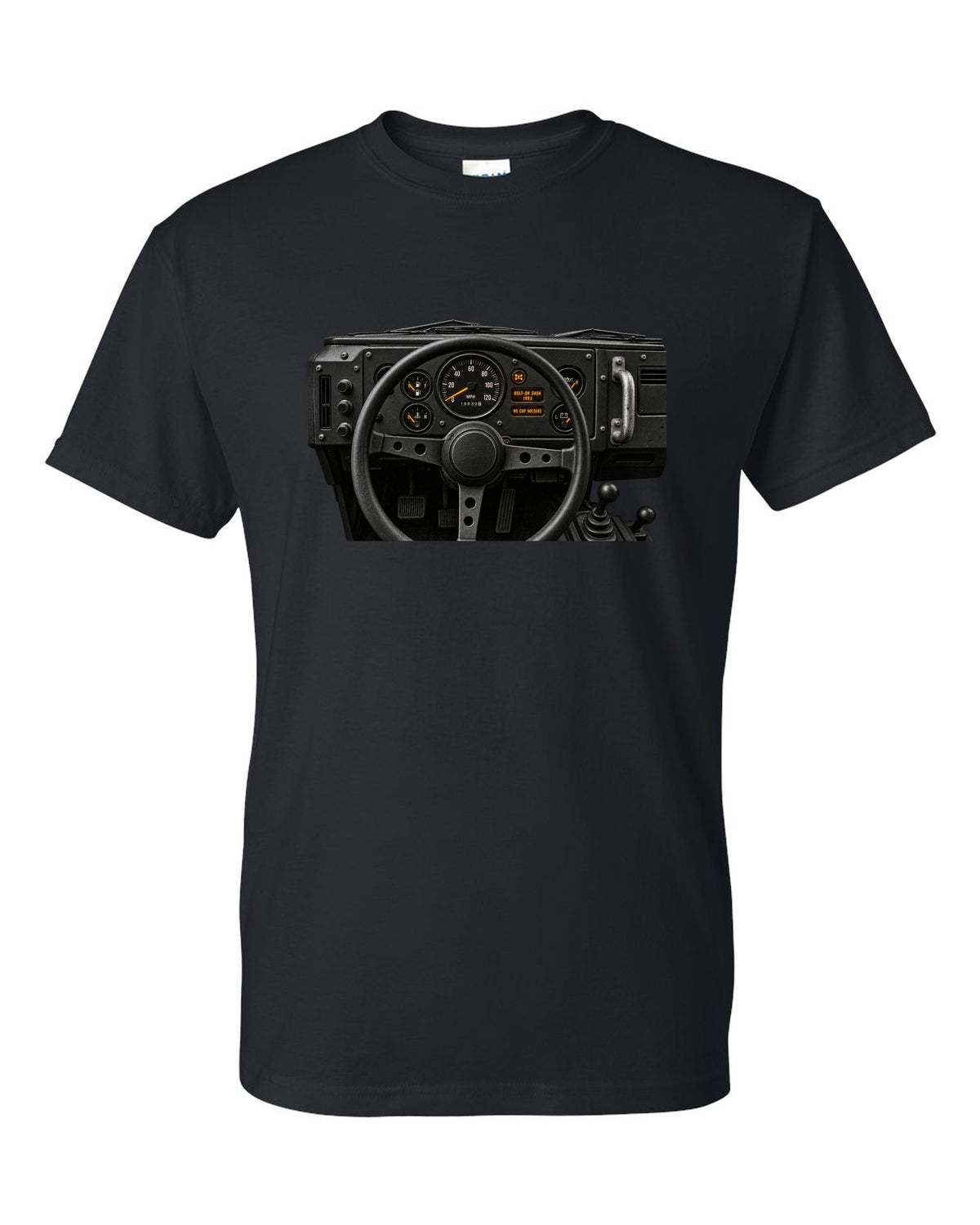 Land Rover Defender 110 cockpit gauge print with bolt-on dash text black t-shirt front view with the design