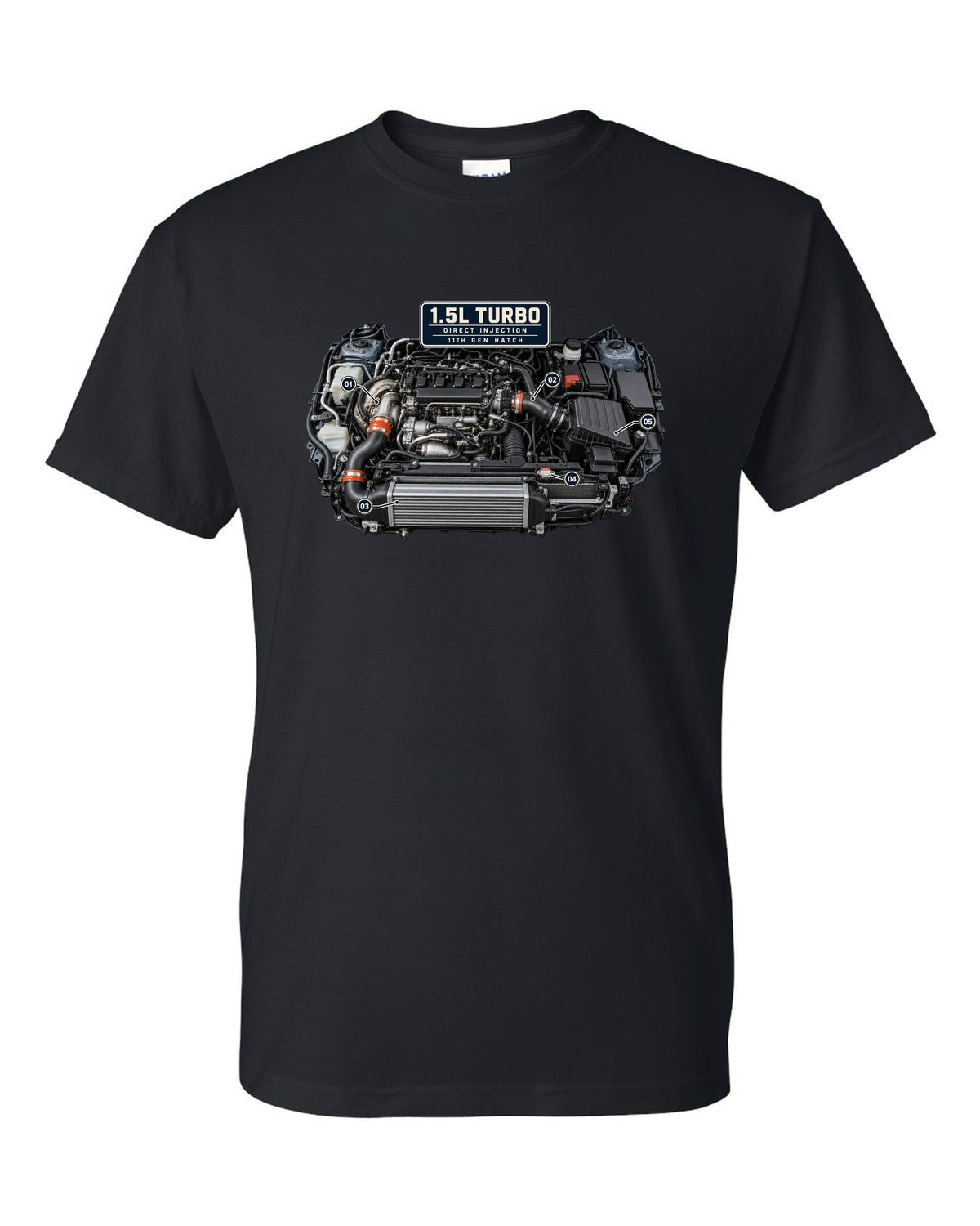 Honda Civic chback FL1 1.5L turbo engine bay print black t-shirt front view with the design