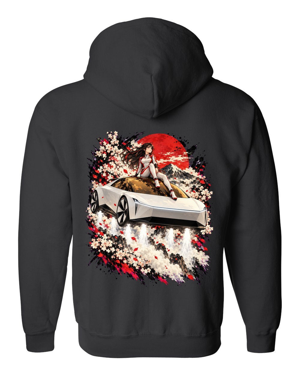Tesla Roadster Rooftop Anime Girl Zip Hoodie Black back