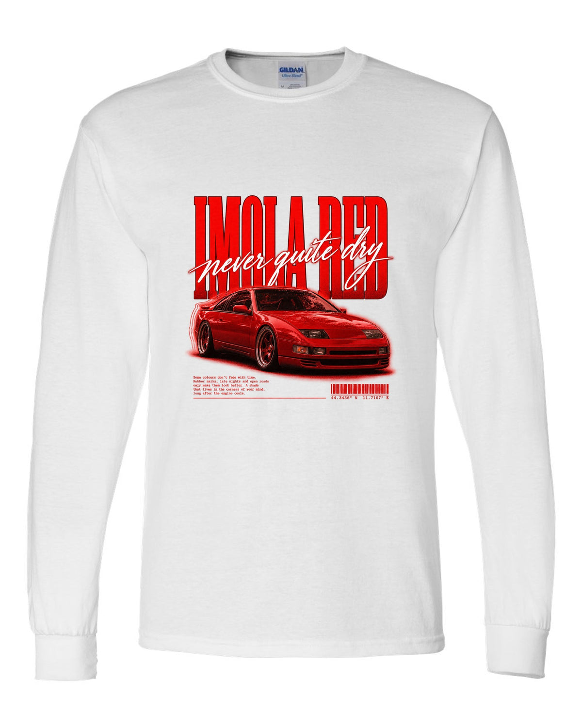 BMW E36 M3 coupe Imola Red street poster print with never quite dry text white long sleeve front view with the design