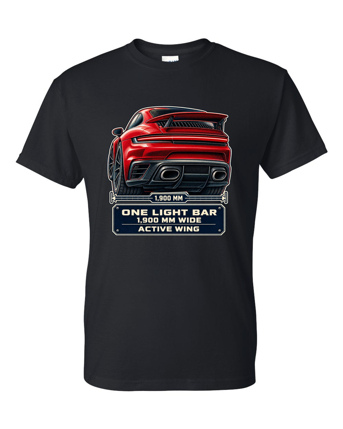 Taillight macro print of a Porsche 992 Turbo S with light bar and wing black t-shirt front view with the design