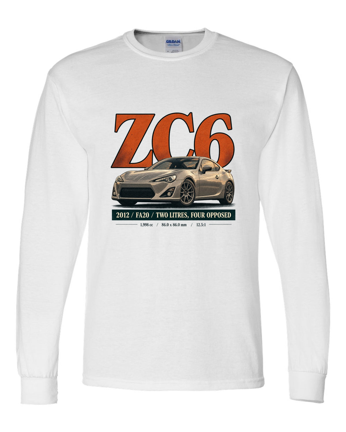 Magazine-style headline layout of a first-generation Subaru BRZ ZC6 print white long sleeve front view with the design