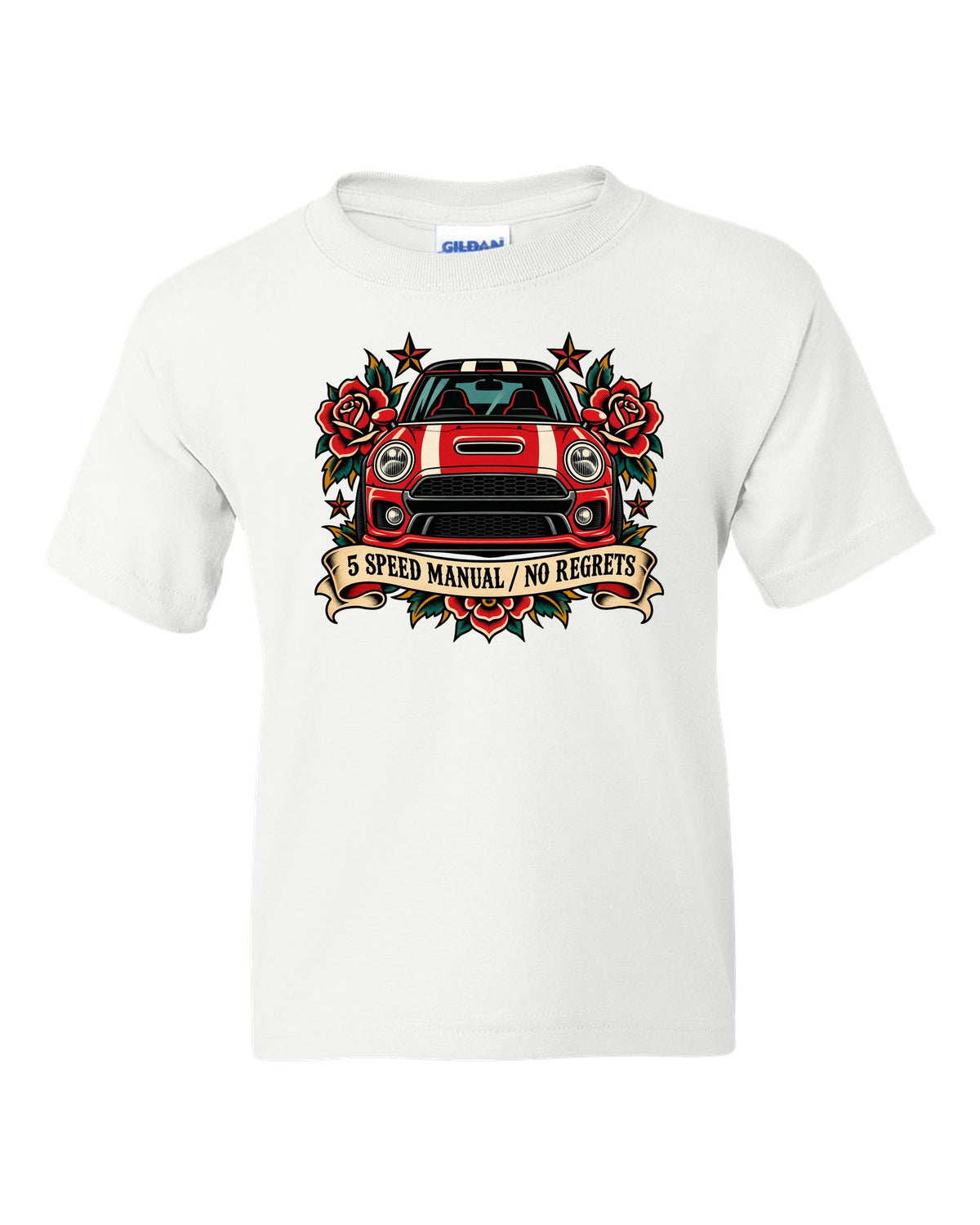 Tattoo flash style Fiat 500 Abarth with 5 speed manual no regrets lettering white kids tee front view with the design