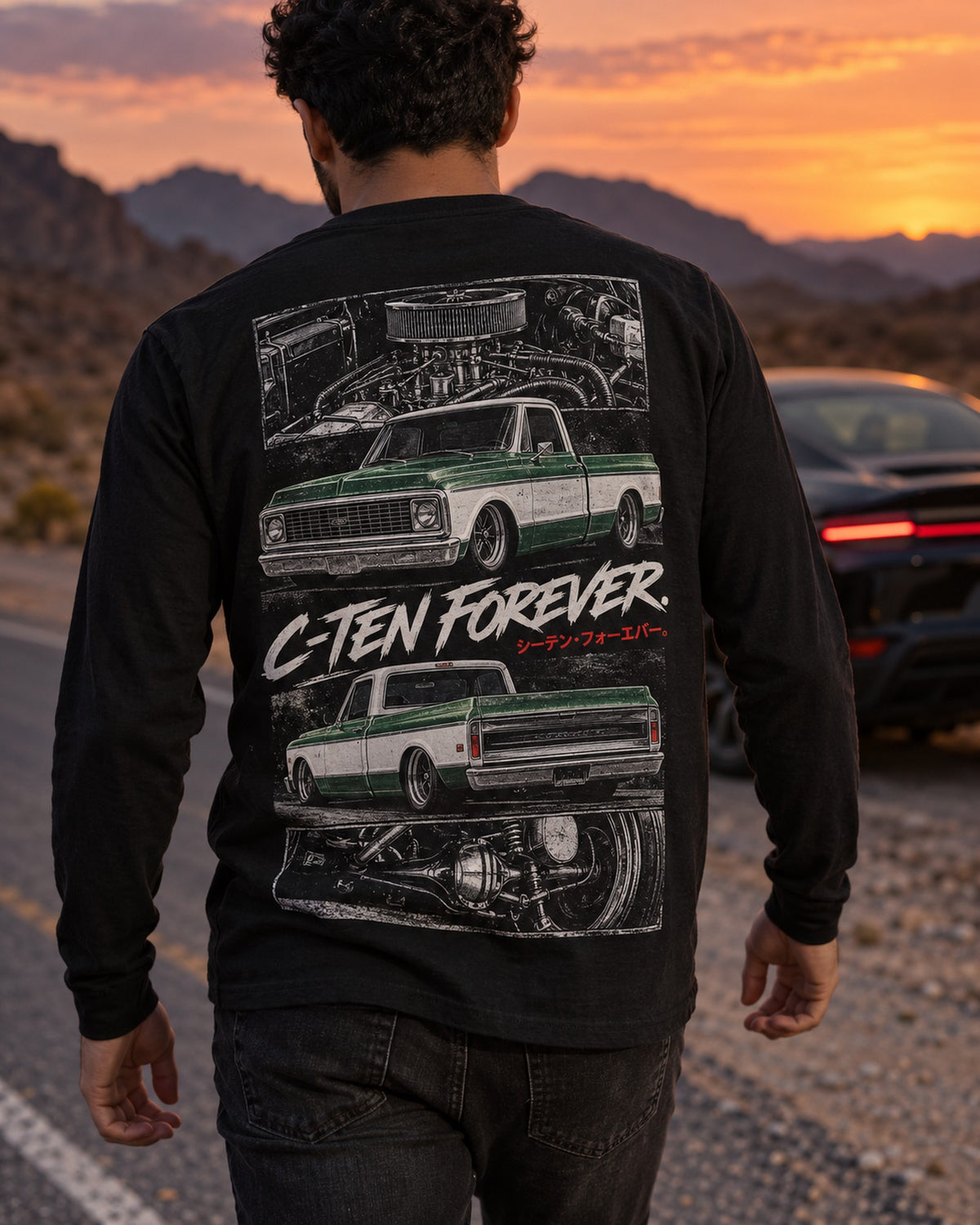 Chevy C10 1972 Torn Poster Full-Back Graphic Tee Long Sleeve Black worn hero