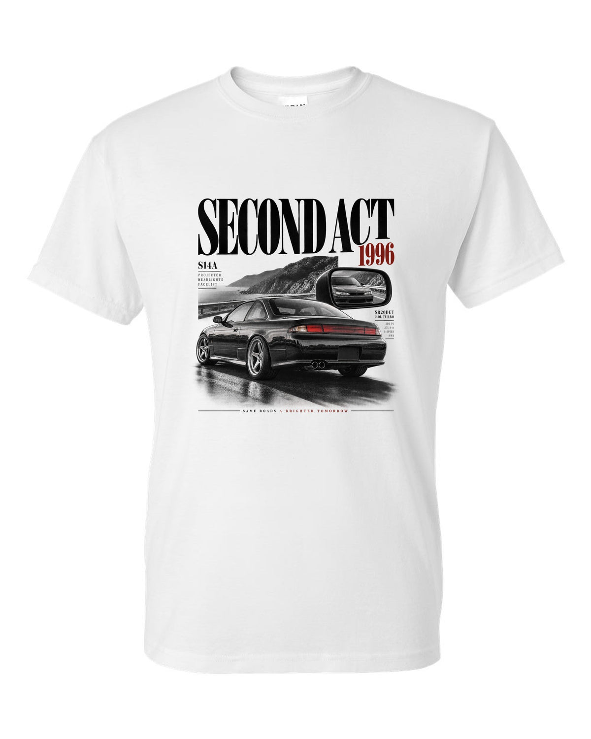 Editorial headline layout of a Nissan Silvia S14 kouki with Second Act, 1996 and projector headlights lettering white t-shirt front view with the design