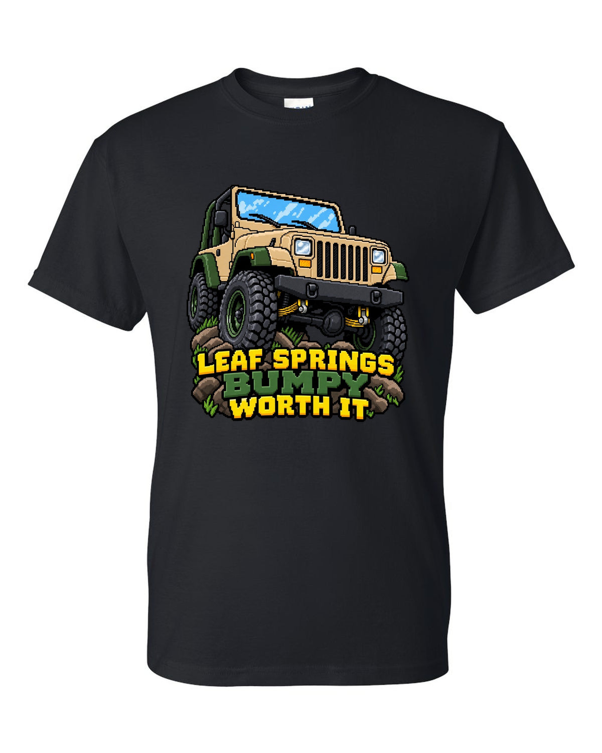 16-bit pixel art illustration of a Jeep Wrangler YJ with LEAF SPRINGS BUMPY WORTH IT lettering black t-shirt front view with the design