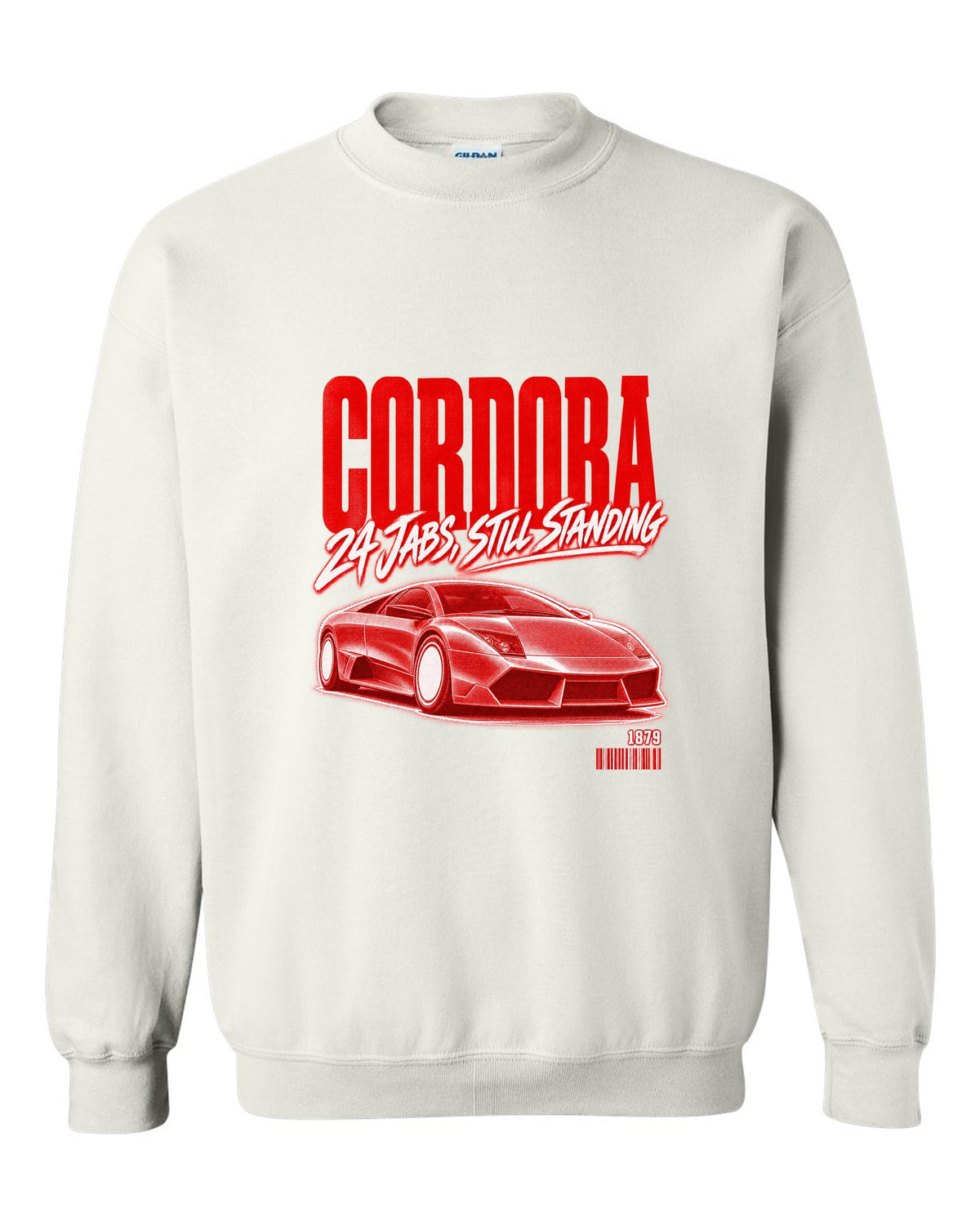 Street poster print of a Lamborghini Murcielago LP640 with Cordoba and 1879 text white crewneck front view with the design