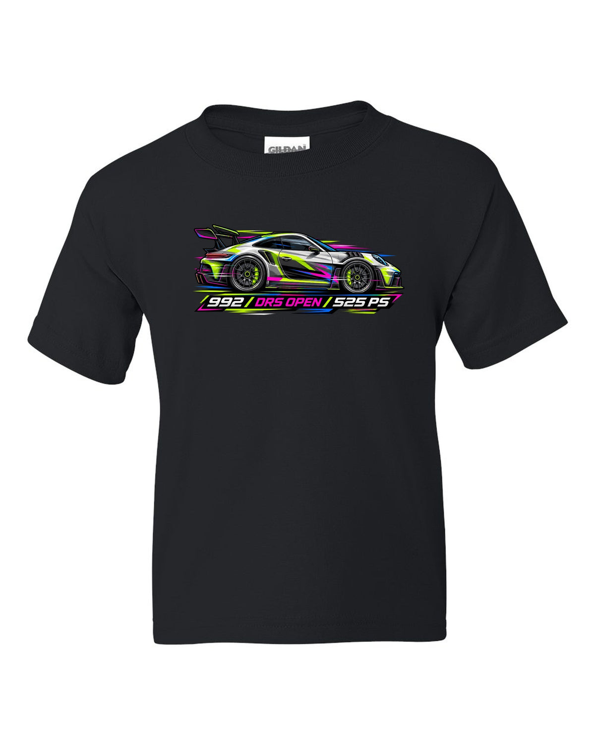 Cyberpunk neon vector artwork of a Porsche 911 GT3 RS 992 with DRS open black kids tee front view with the design
