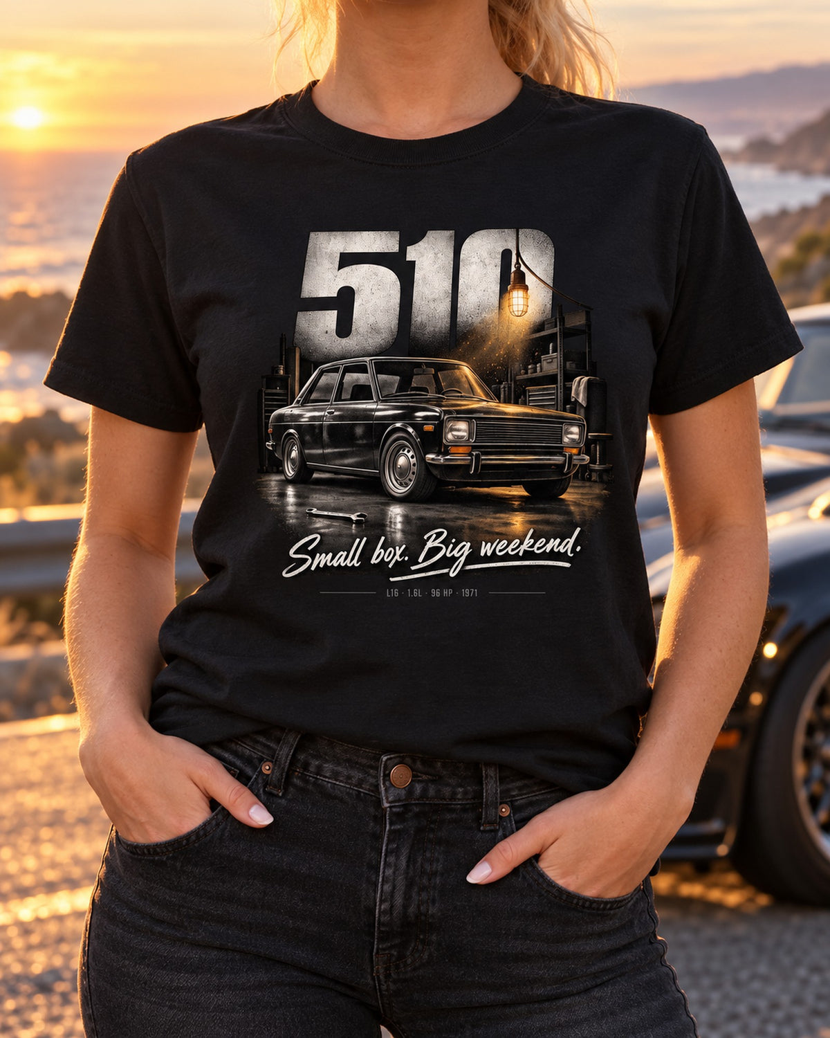 Datsun 510 Garage Night Shirt, Small Box Big Weekend Car Tee T-Shirt Black worn hero