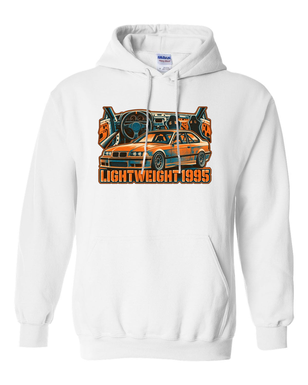 Watercolour wet-road night illustration of a BMW E36 M3 coupe in a garage with coolant flange fund text white pull over hoodie front view with the design