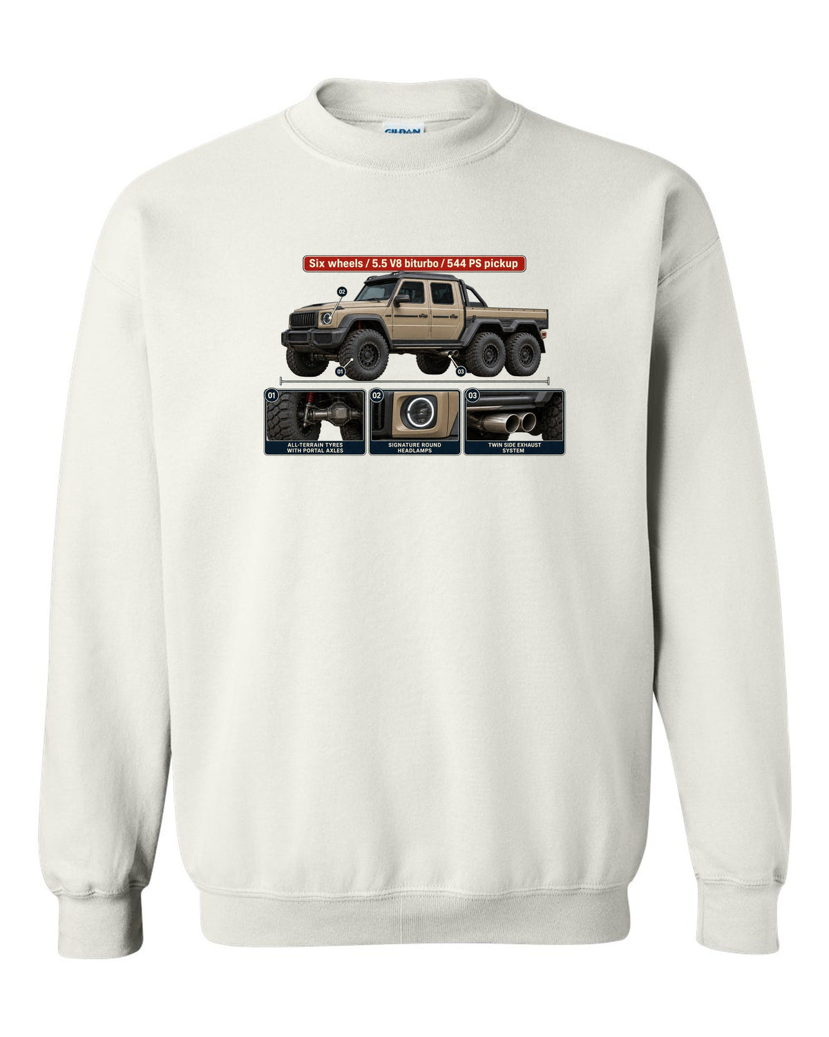 Dossier panel print of a Mercedes-Benz G63 AMG 6x6 W463 pickup white crewneck front view with the design