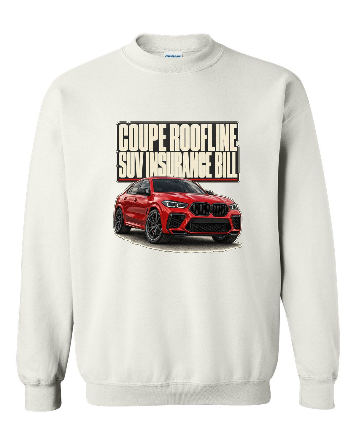 BMW X6 M Competition F96 editorial headline print on a tee white crewneck front view with the design