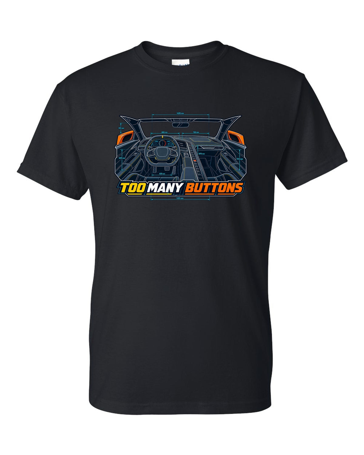 Blueprint line art print of a Chevrolet Corvette C8 Stingray cockpit with Too Many Buttons text black t-shirt front view with the design