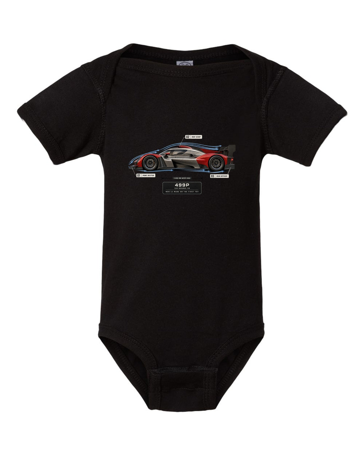 Ferrari 499P Le Mans Hypercar aero callout print with 120-degree V6 black baby onesie front view with the design