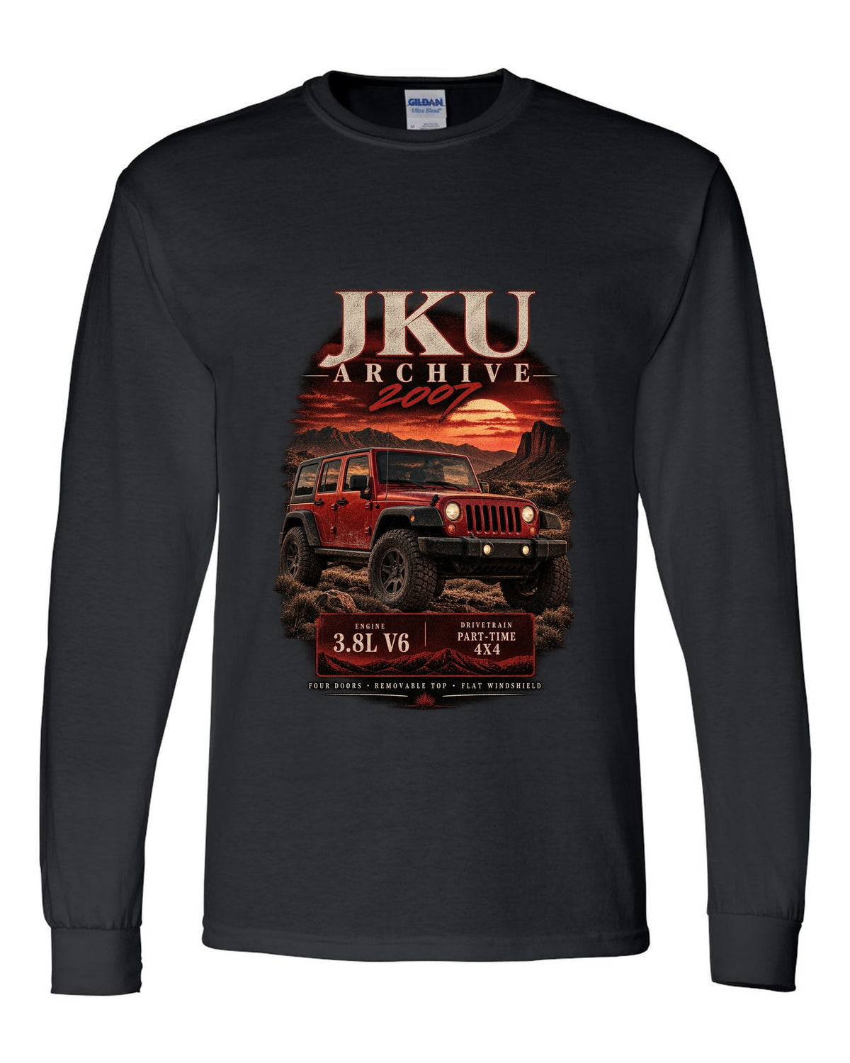 Archive panel print for the 2007 Jeep Wrangler JKU, 3.8L V6 four-door black long sleeve front view with the design