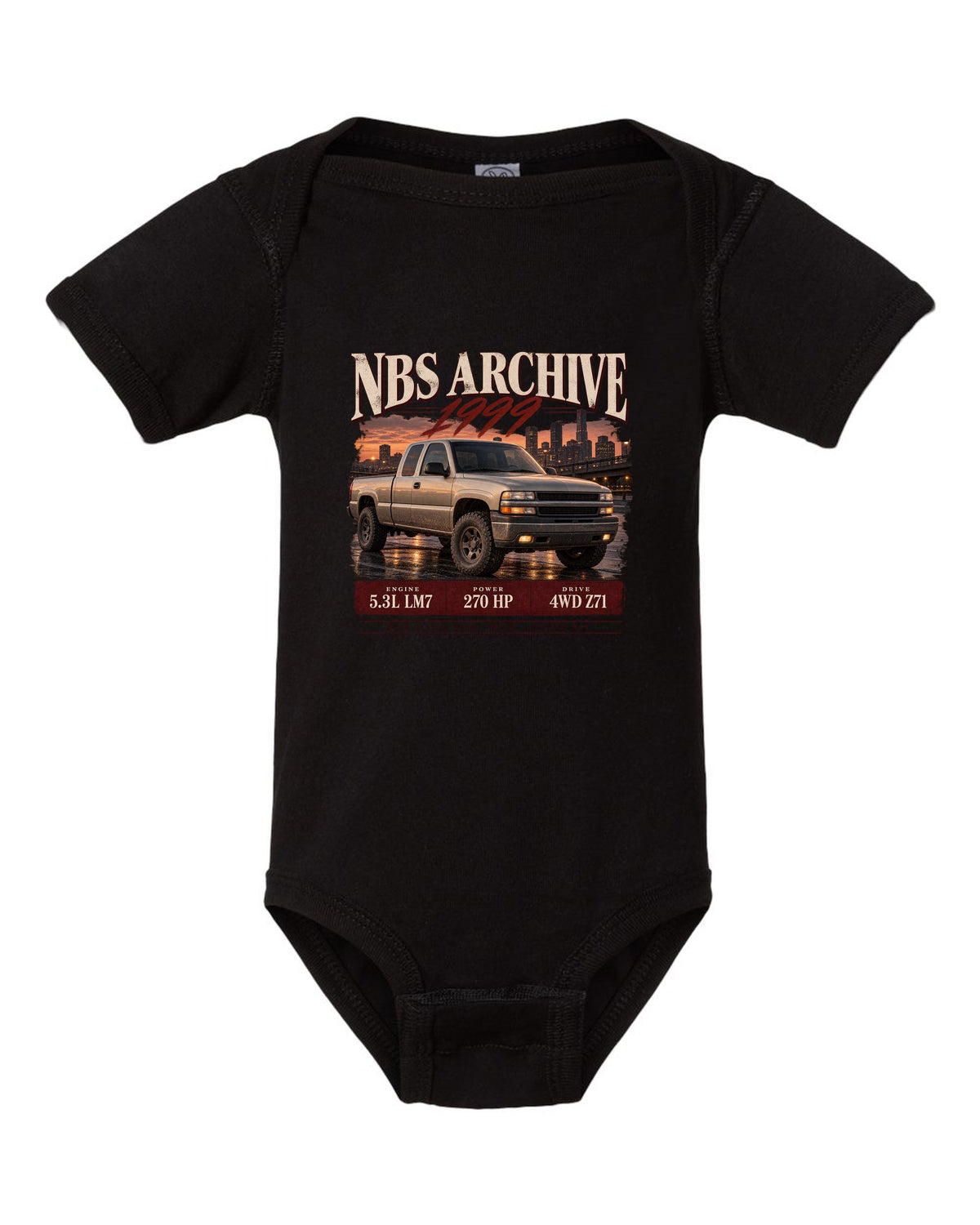 1999 Chevy Silverado NBS archive panel print black baby onesie front view with the design