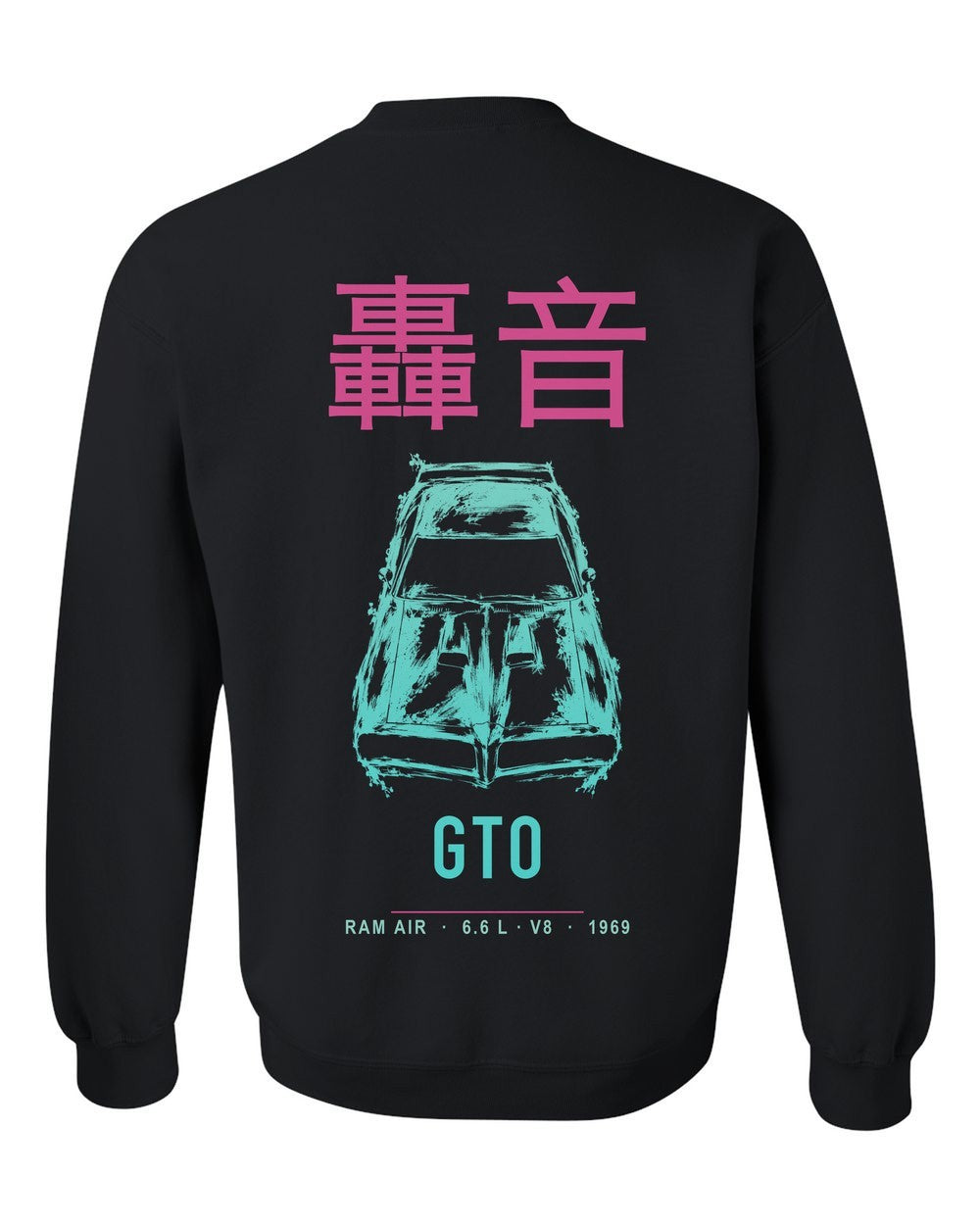 GTO full-back artwork black crewneck back view with the design