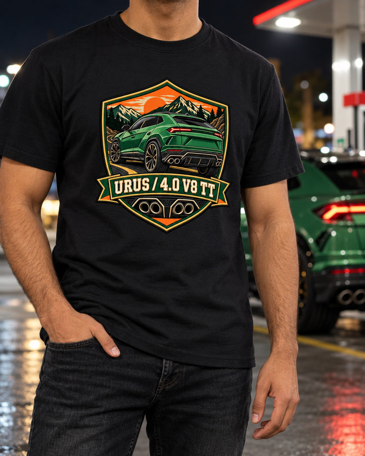 Lamborghini Urus 4.0 V8 Twin-Turbo Shield Crest print Tee T-Shirt Black worn hero
