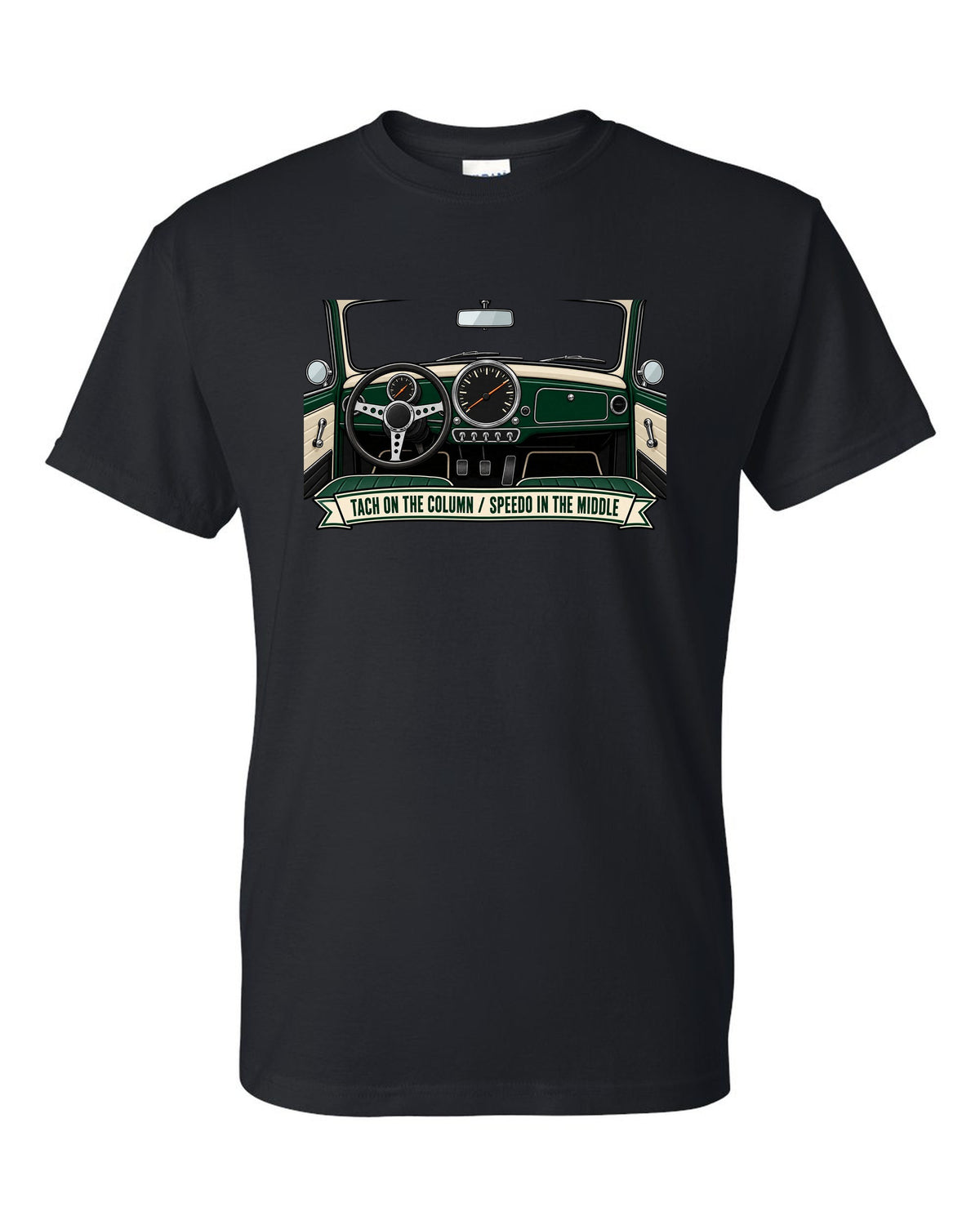 Line art of the Mini Cooper S R53 gauge cluster with column tach and central speedometer black t-shirt front view with the design
