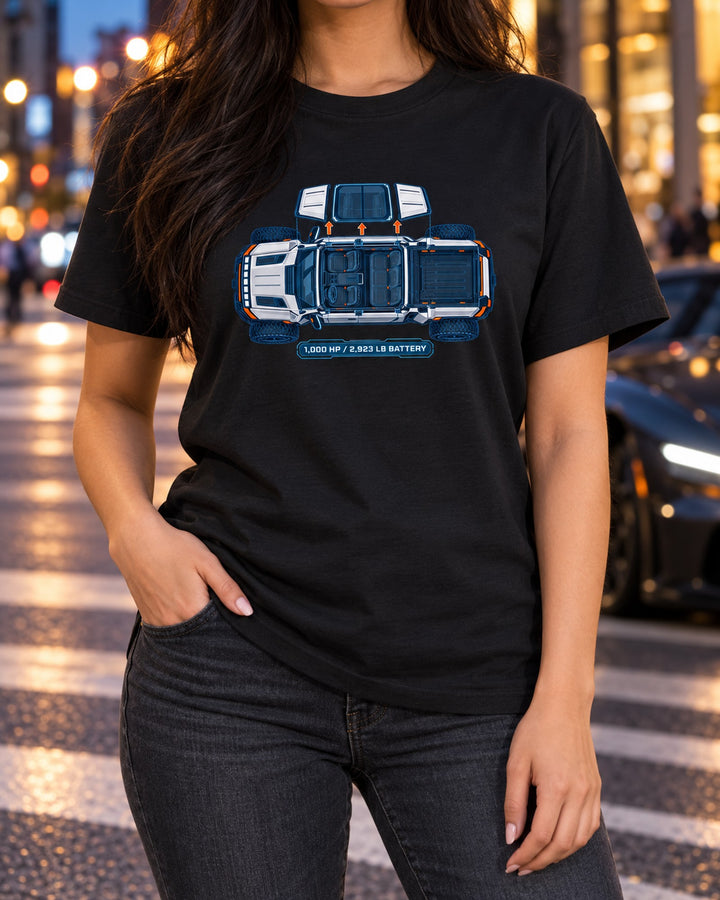 GMC Hummer EV Roof Panel Blueprint Tee, Car Guy Gift T-Shirt Black worn hero