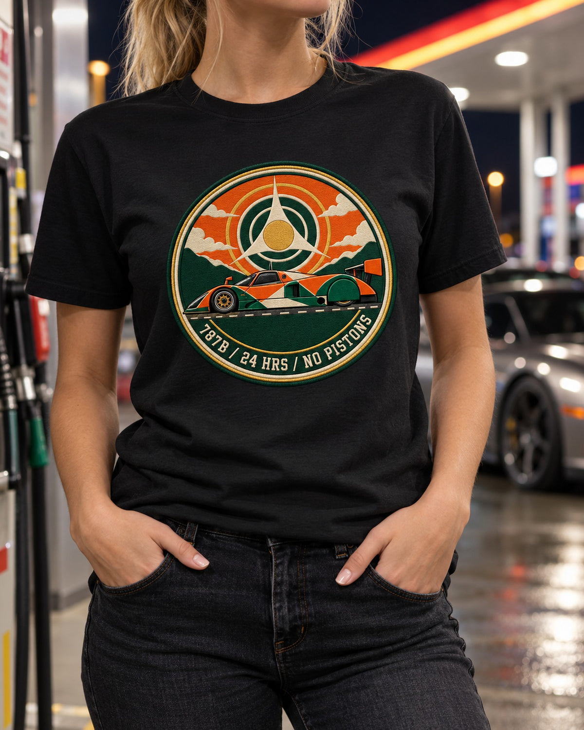 Mazda 787B Four-Rotor Varsity Crest, 24 Hrs No Pistons Tee T-Shirt Black worn hero