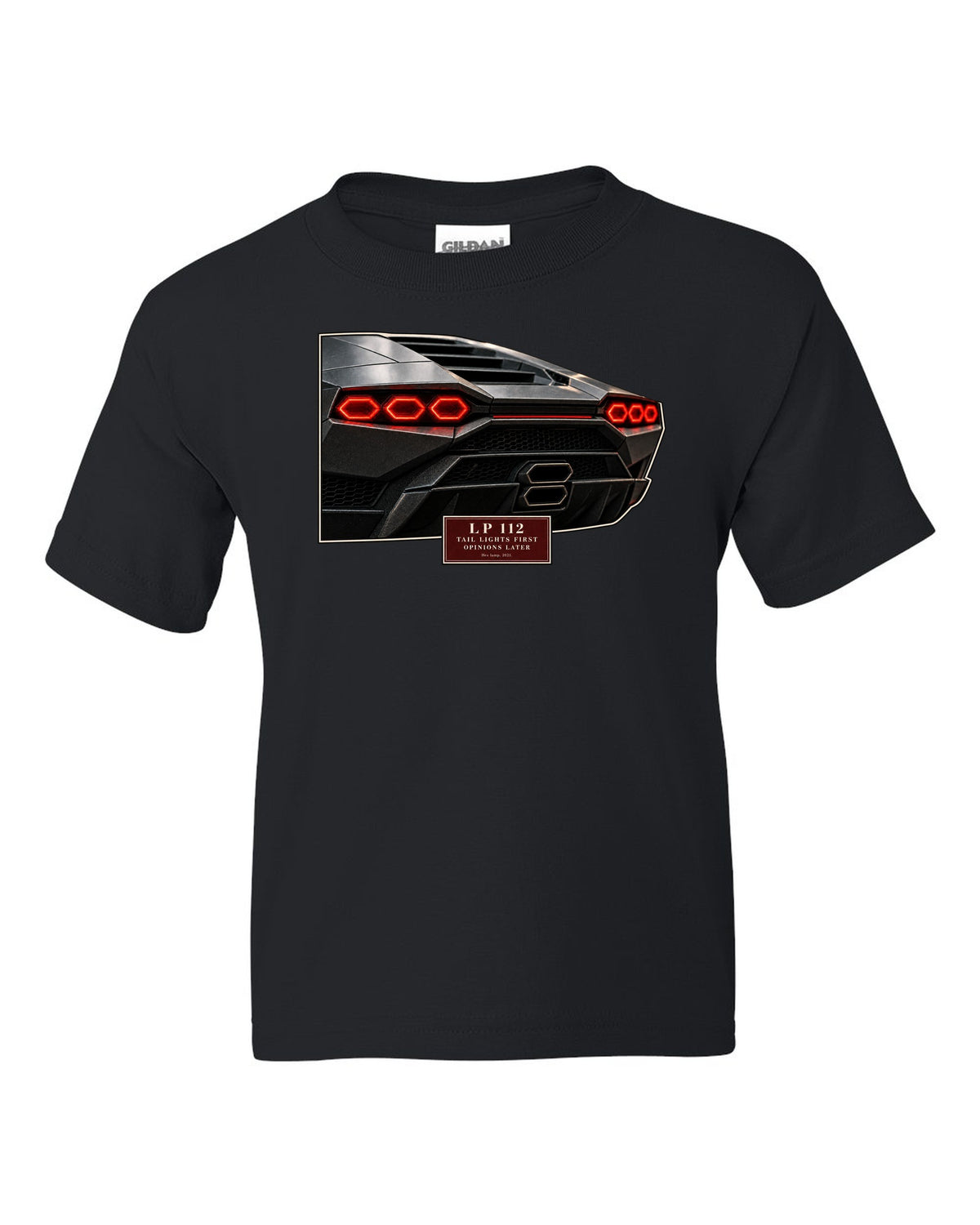 Lamborghini Countach LPI 800-4 taillight macro print with LP 112 lettering black kids tee front view with the design