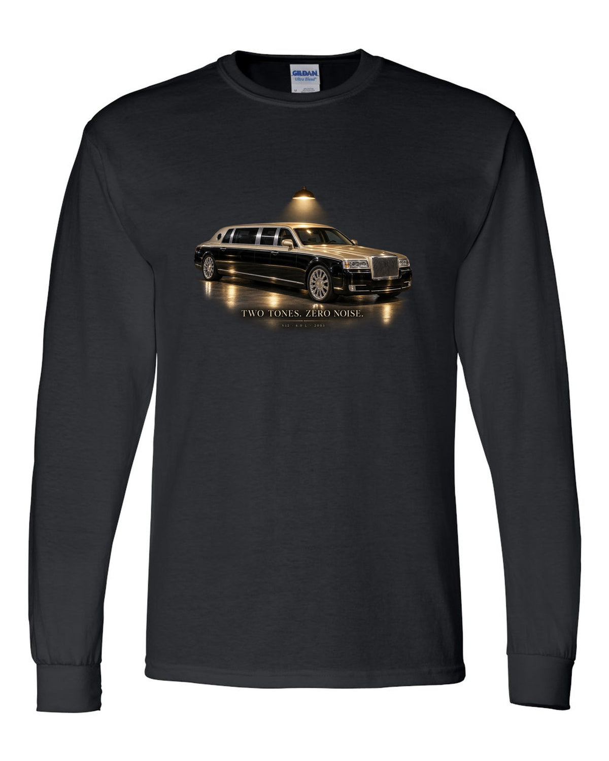 Garage night print of a Maybach 57 S W240 with Two Tones Zero Noise lettering black long sleeve front view with the design