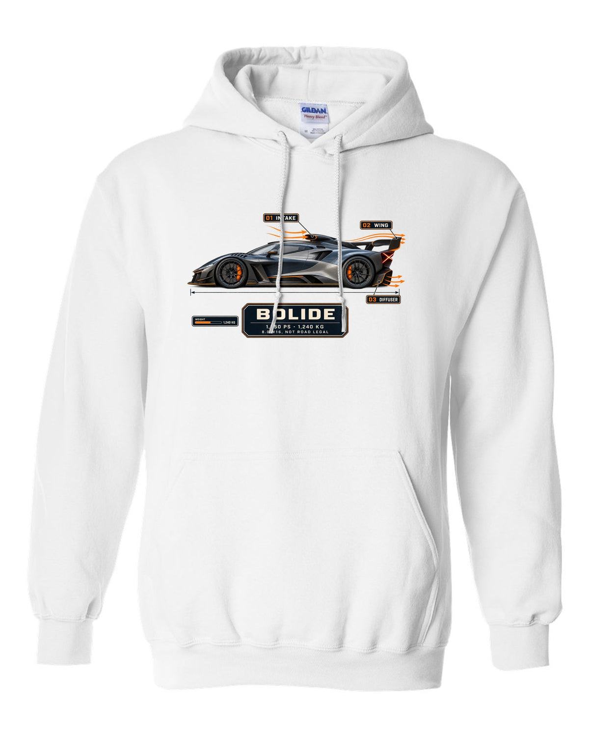 Aero callout cutaway of the Bugatti Bolide track concept, print white pull over hoodie front view with the design