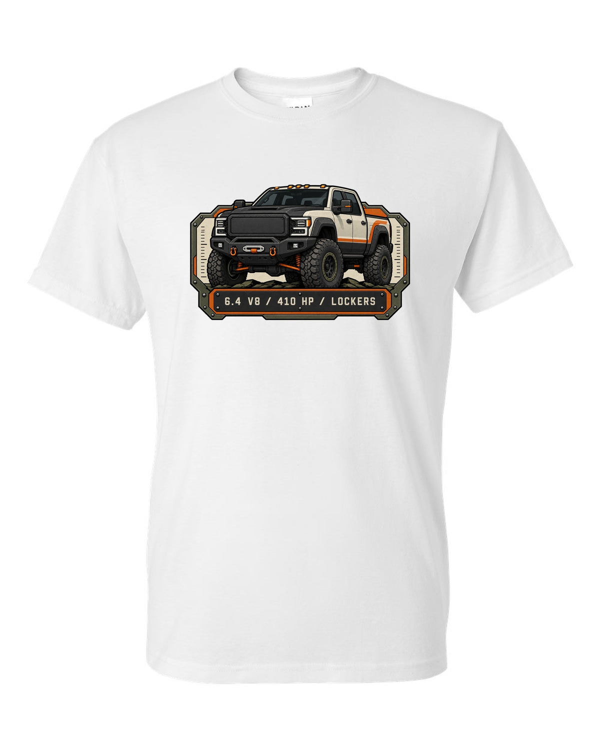 Spec-sheet data plate print of a Ram Power Wagon 2500 winch bumper with 6.4 V8 410 HP lockers text white t-shirt front view with the design
