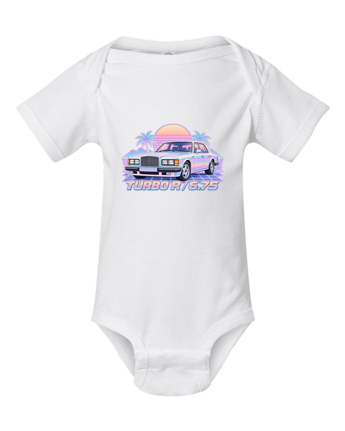 Pastel vaporwave illustration of a Bentley Turbo R front grille with TURBO R 6.75 lettering white baby onesie front view with the design