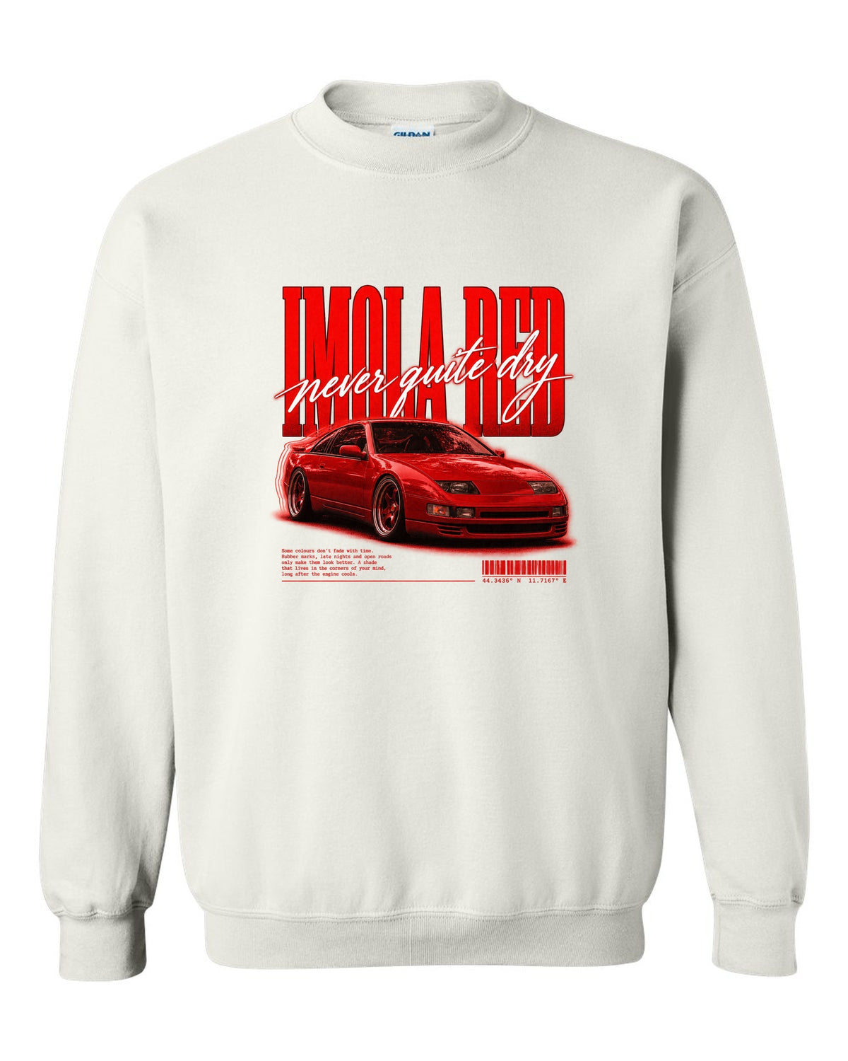 BMW E36 M3 coupe Imola Red street poster print with never quite dry text white crewneck front view with the design