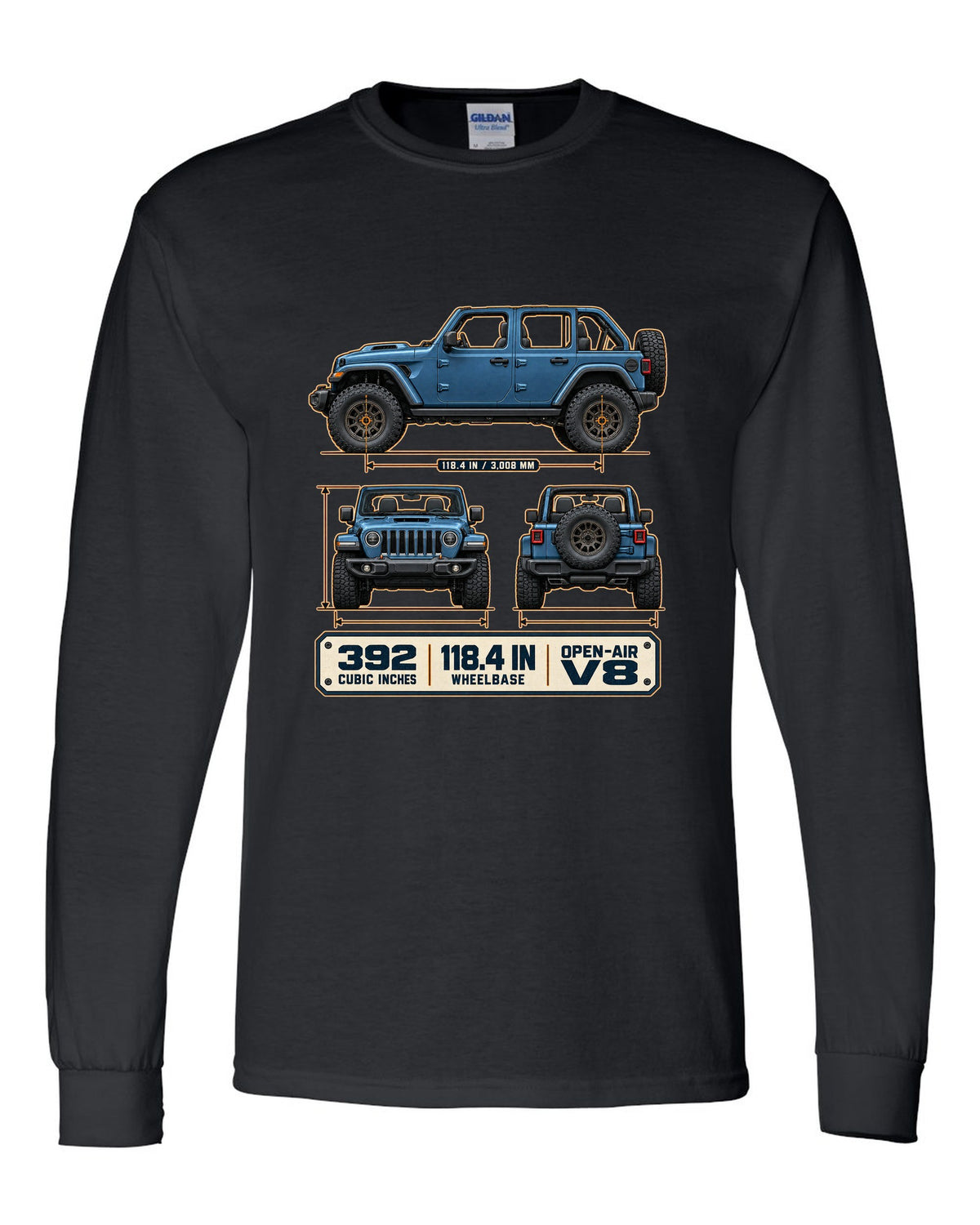 Dimension blueprint print of the Jeep Wrangler Rubicon 392 JL showing wheelbase and V8 black long sleeve front view with the design