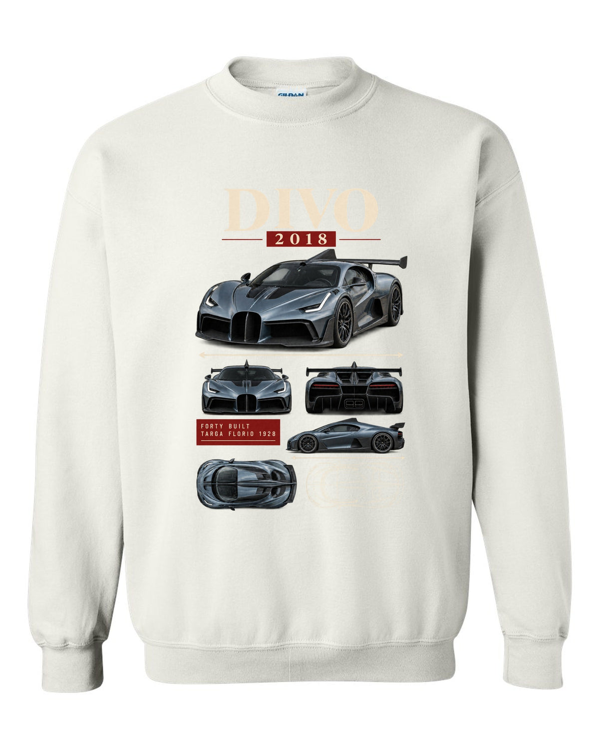 Archive panel design of the Bugatti Divo 2018 with Targa Florio 1928 text, print white crewneck front view with the design